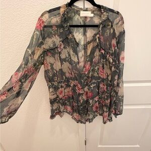 Zimmermann Sheer Floral Ruffle Blouse - Green with Pink